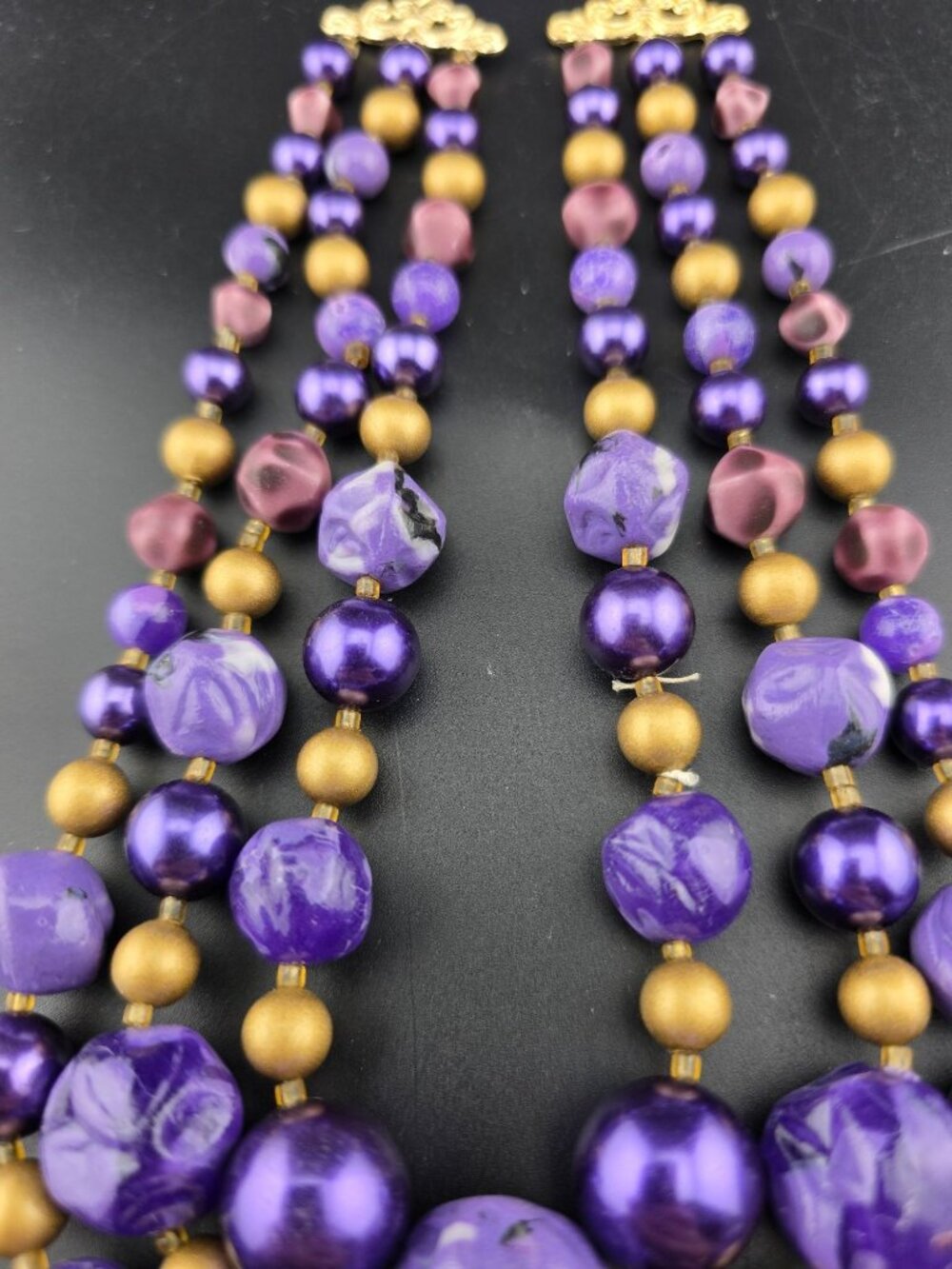 Vintage Multi Strand Purple Gold Plum Beaded Necklace Japan - Picture 6 of 10